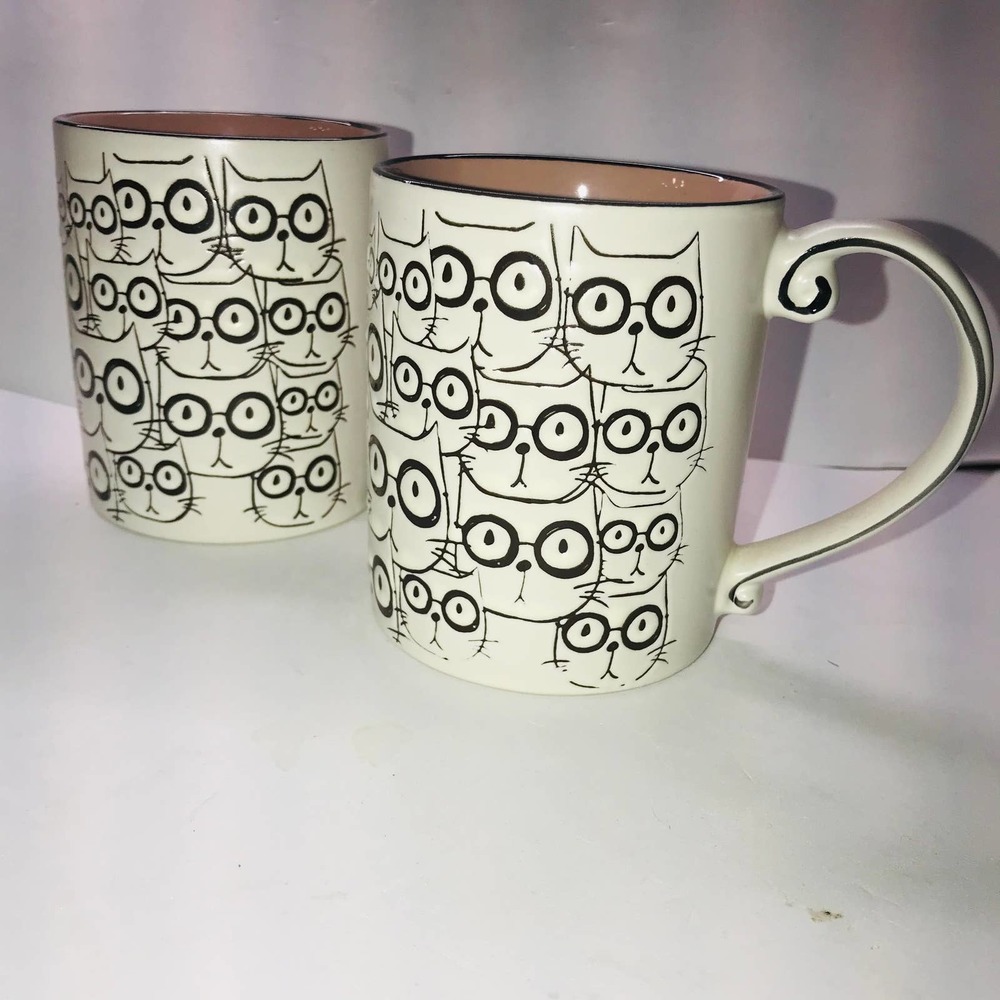 Cat Mug Set of 2 Spectrum Designz NEW Contemporary Cats Glasses Faces Pink - Picture 6 of 6